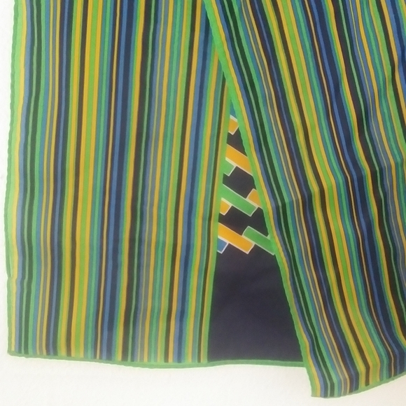 Vintage Paoli Striped Geometric Print Scarf, Navy Blue, Kelly Green & Yellow - Picture 3 of 6